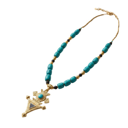 Sautoir ethnique chic turquoise de Chine et pendentif bronze fait main - Atelier JAGG